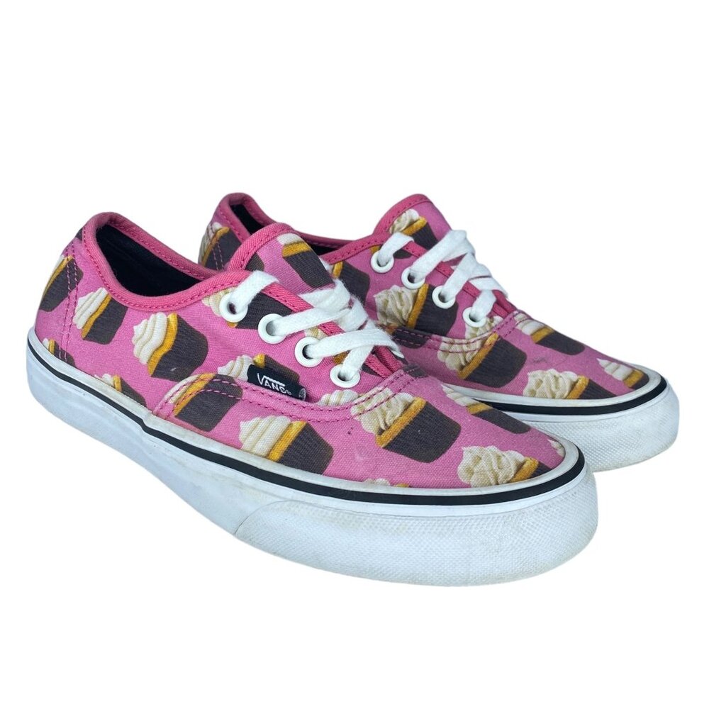 Vans Womens 5.5 Low Top Canvas Sneaker Lace Up Cupcake Print Pink White Skater